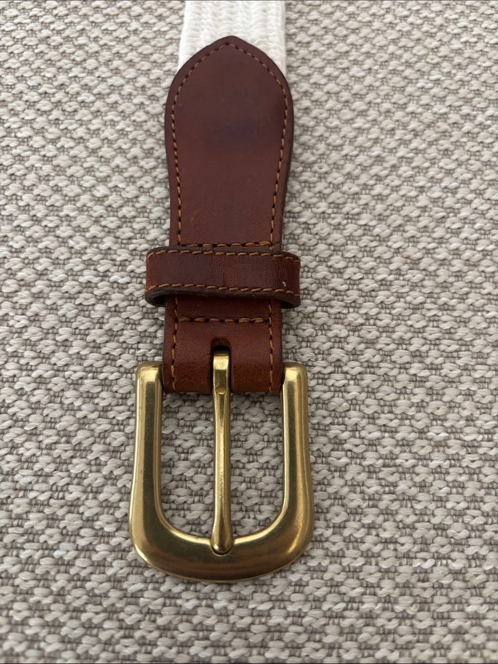 Eddie Bauer White Elastic Belt w/ Brown Leather Trim Solid Brass Buckle Boys Med